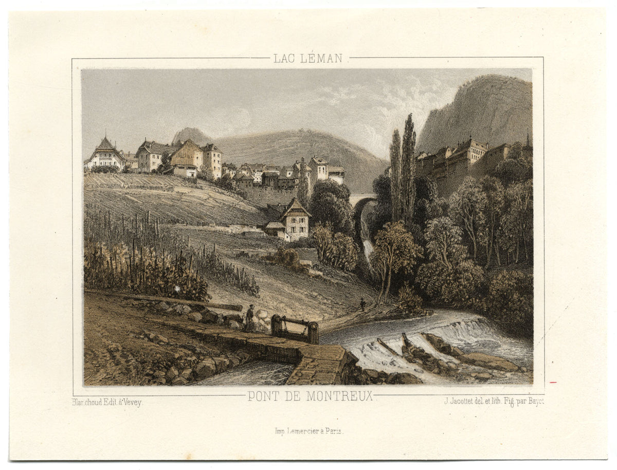 Jean Jacottet, Pont de Montreux, Lake Geneva, Switzerland – c.1830 lithograph