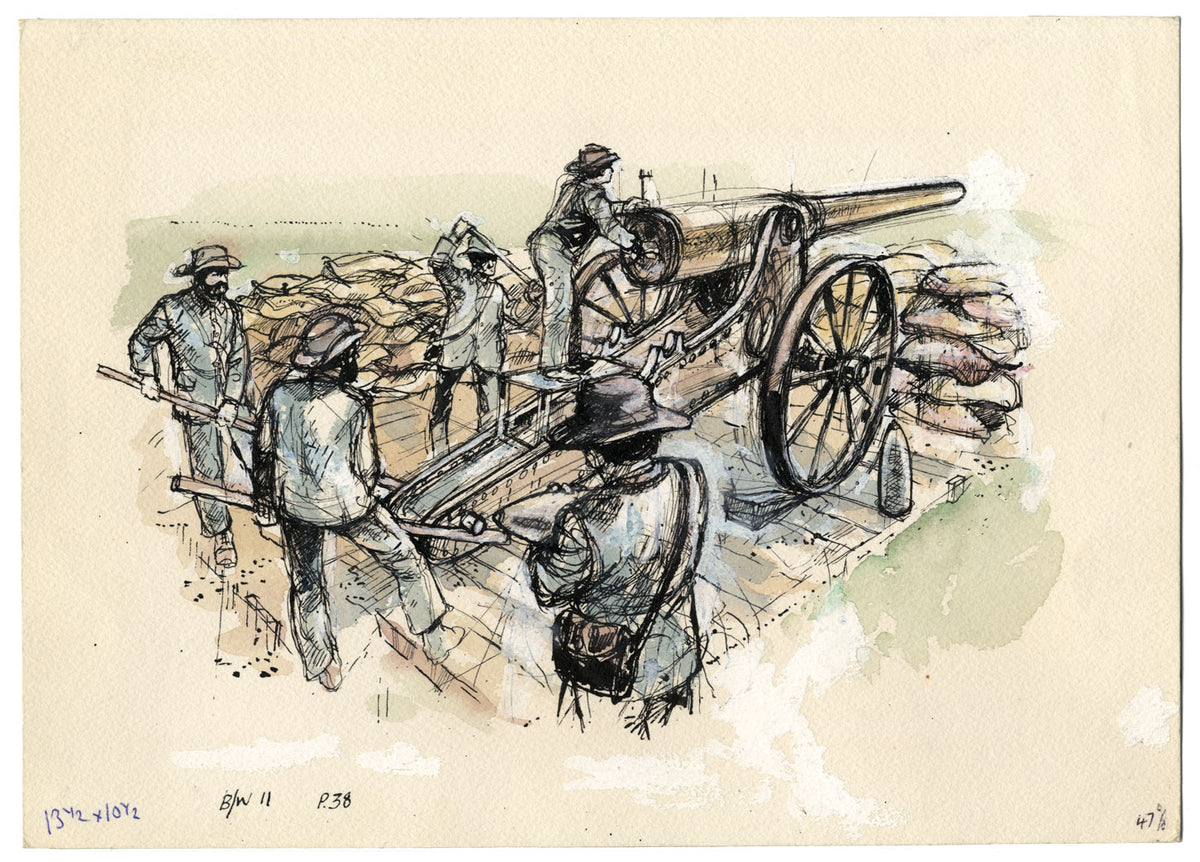 Ilustración del libro de la Guerra de los Bóers «Los soldados de polvo rojo» – dibujo a tinta de c.1972