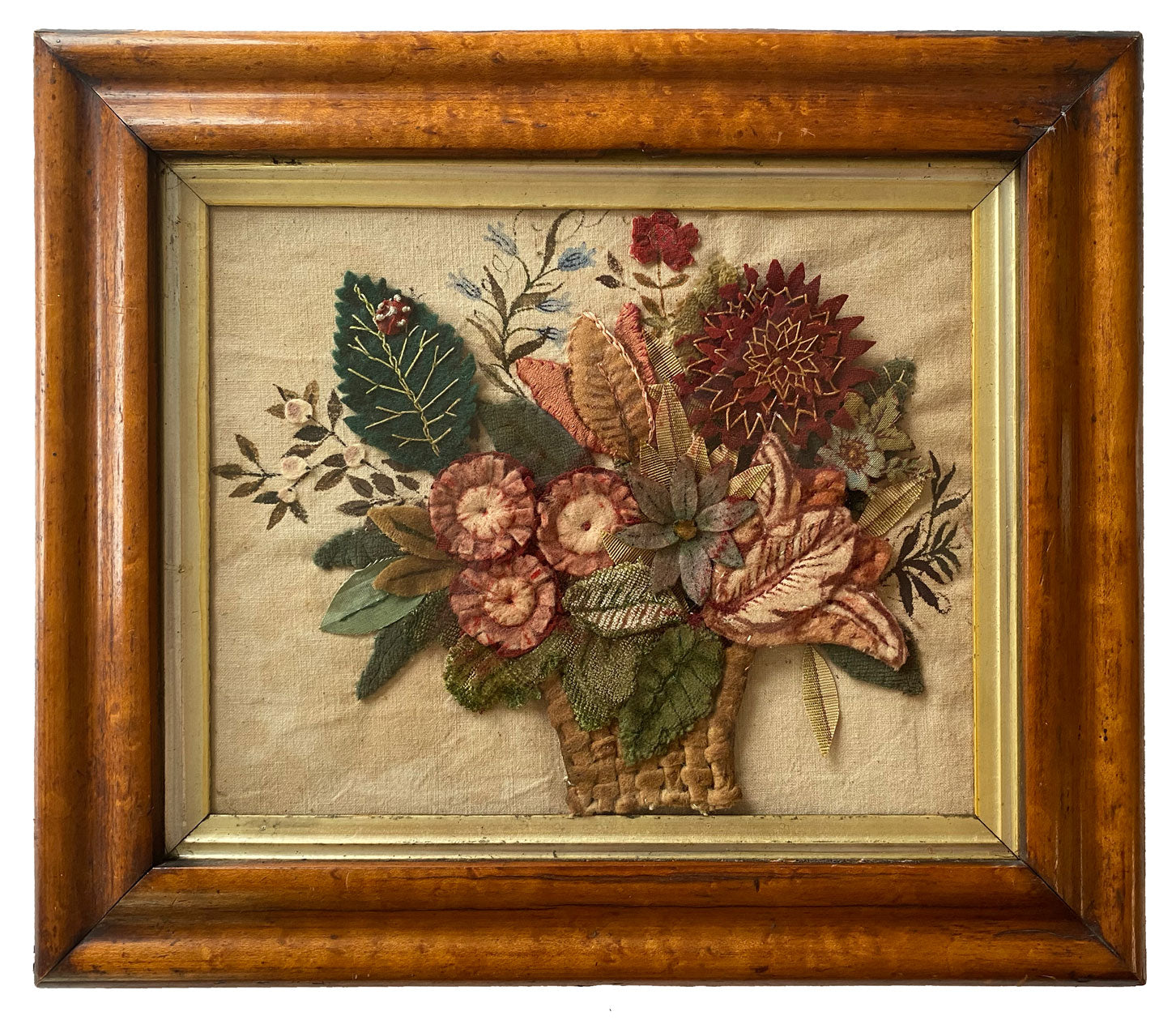 Victorian 19th-century Embroidered Feltwork – Basket of Flowers with Ladybird