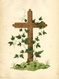J.G., Wooden Cross with Ivy Tendril – Original 1853 watercolour painting