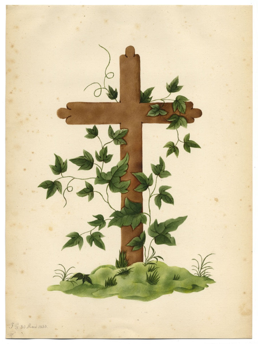 J.G., Wooden Cross with Ivy Tendril – Original 1853 watercolour painting