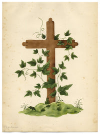 J.G., Wooden Cross with Ivy Tendril – Original 1853 watercolour painting