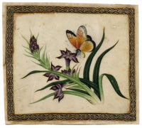Pintura china antigua del siglo XIX: Mariposa sobre flores moradas