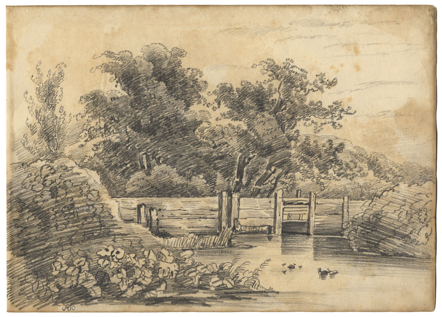 Henry William Burgess, Old Wooden Sluice Gate – c.1830s graphite drawing