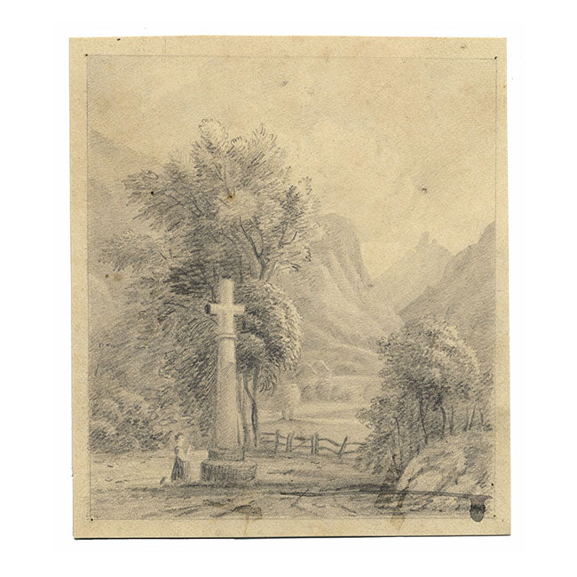Croce di pietra con figura, Svizzera – disegno a grafite dell'inizio del XIX secolo