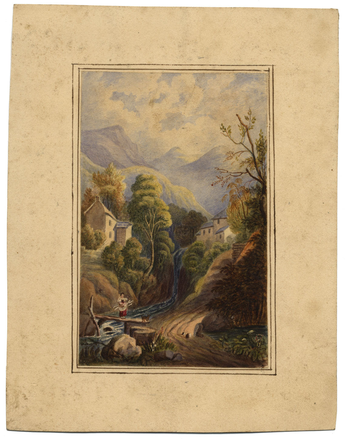 Figure by Waterfall – Original early 19th-century watercolour painting