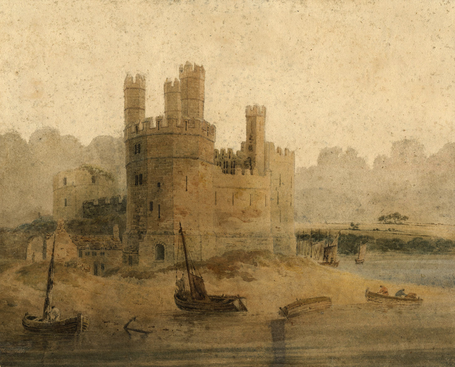 Attrib François Louis Thomas Francia, Caernarfon Castle –early C19th watercolour