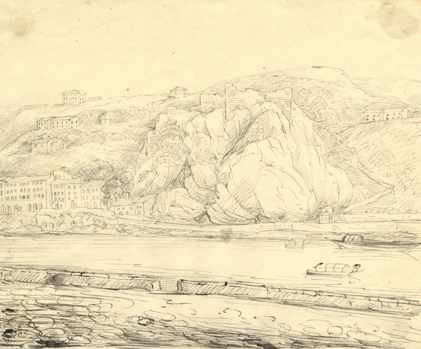 Castle of Pierre en Cise, River Saône, Lyon – early 19th-century ink drawing