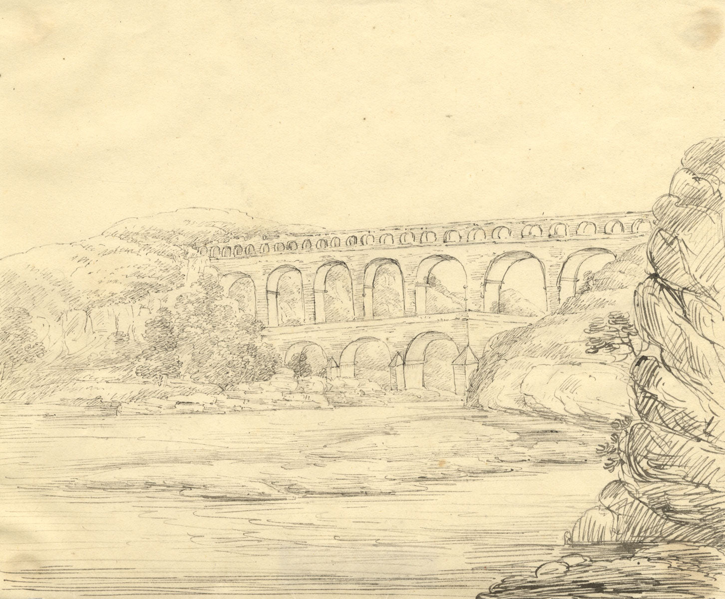 Pont du Gard, France – Original early 19th-century pen & ink drawing