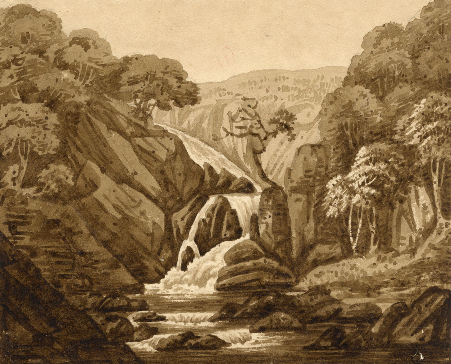 Waterfall between Capel Curig & Llanrwst, Wales – early C19th watercolour