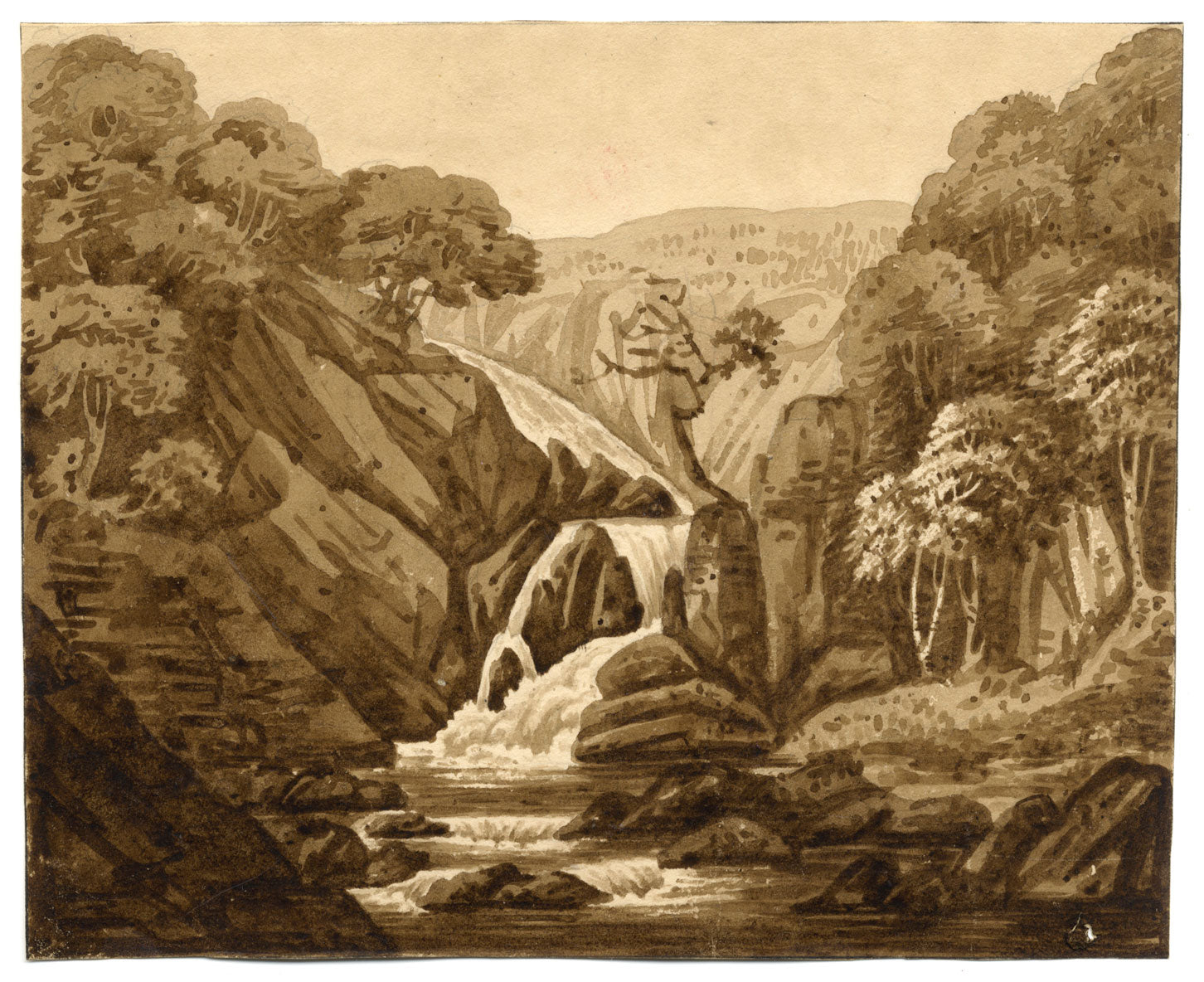 Cascada entre Capel Curig y Llanrwst, Gales – acuarela de principios del siglo XIX