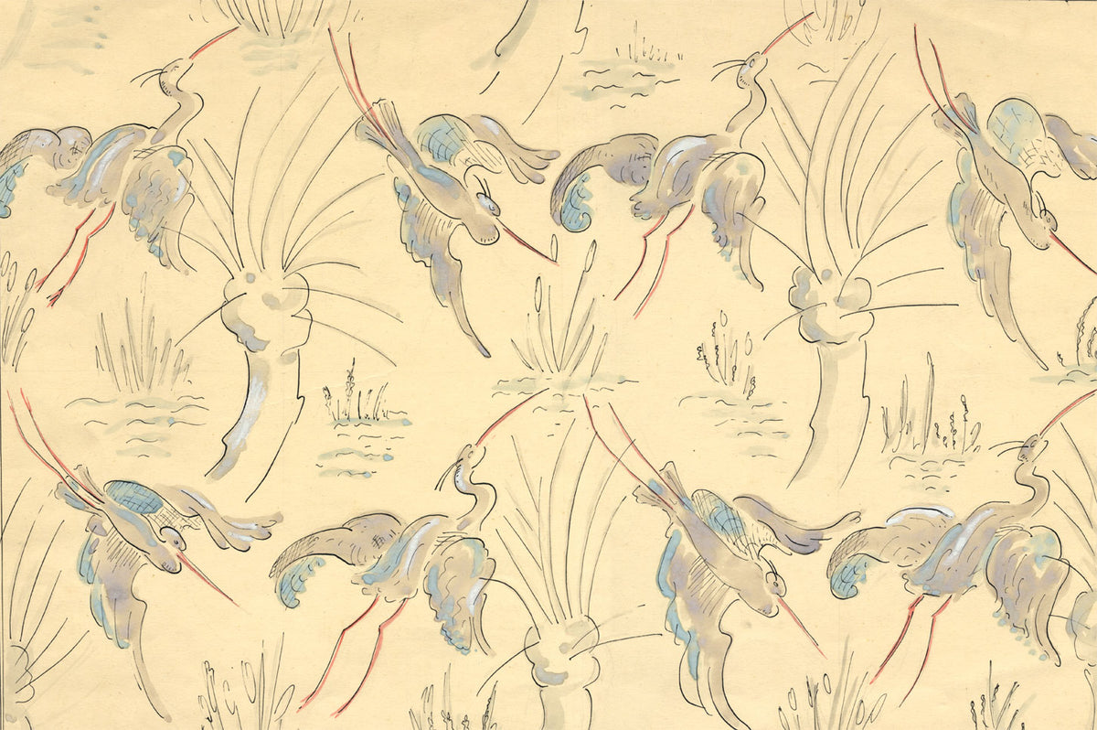 Jean Mary Ogilvie, Large Art Deco Stork Pattern Design – 1930s gouache painting
