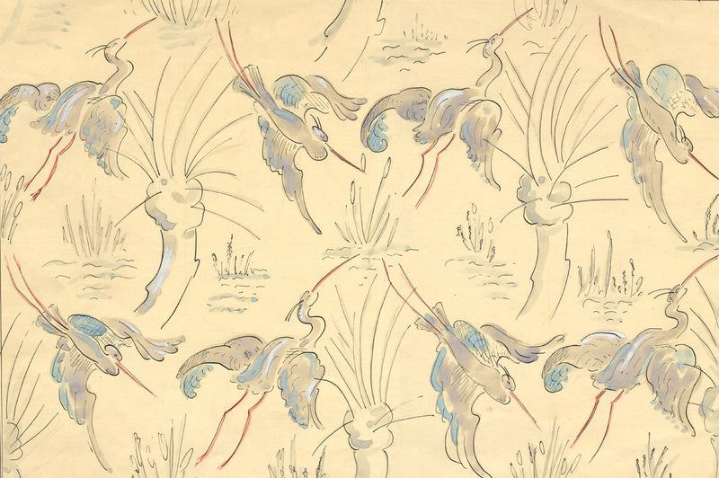 Jean Mary Ogilvie, Large Art Deco Stork Pattern Design – 1930s gouache painting