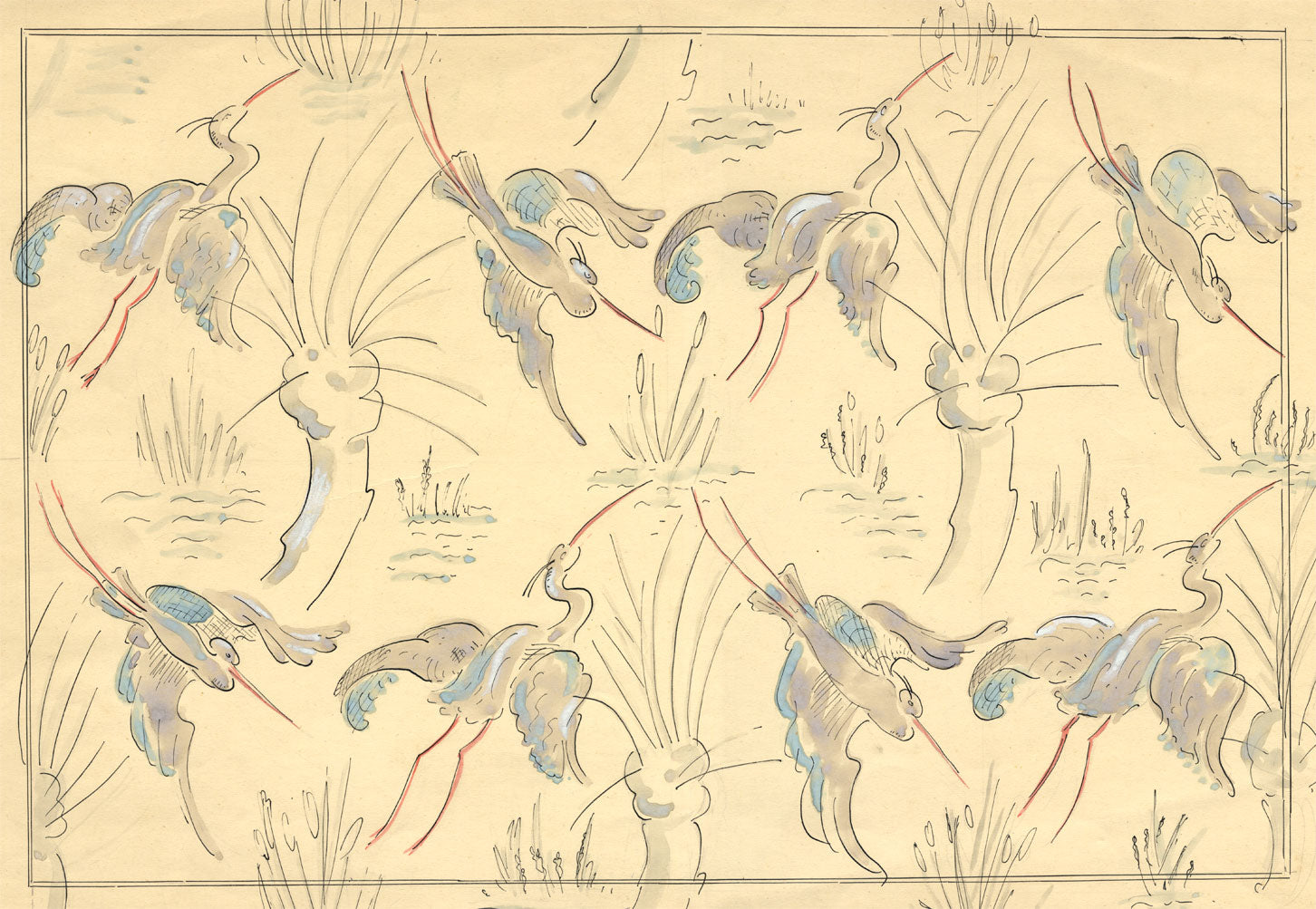 Jean Mary Ogilvie, Large Art Deco Stork Pattern Design – 1930s gouache painting