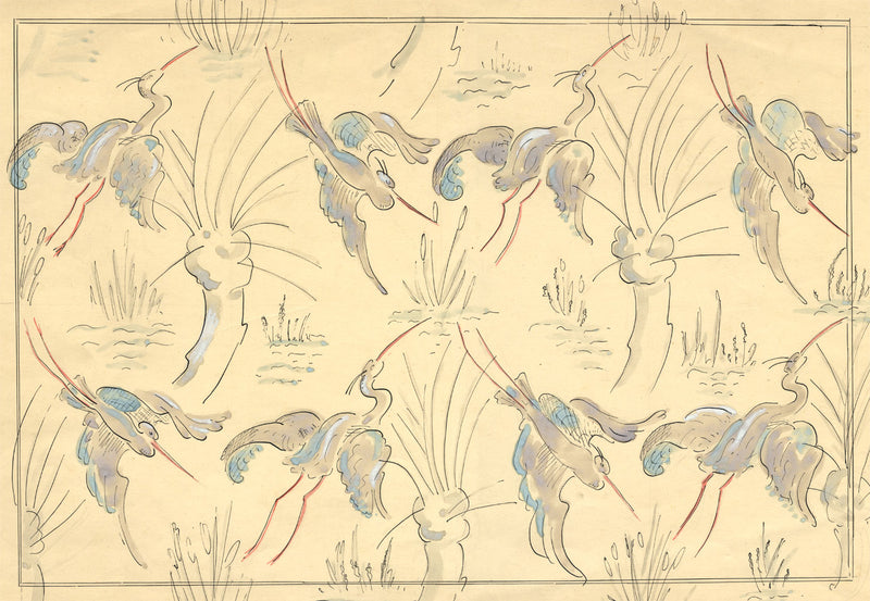 Jean Mary Ogilvie, Large Art Deco Stork Pattern Design – 1930s gouache painting