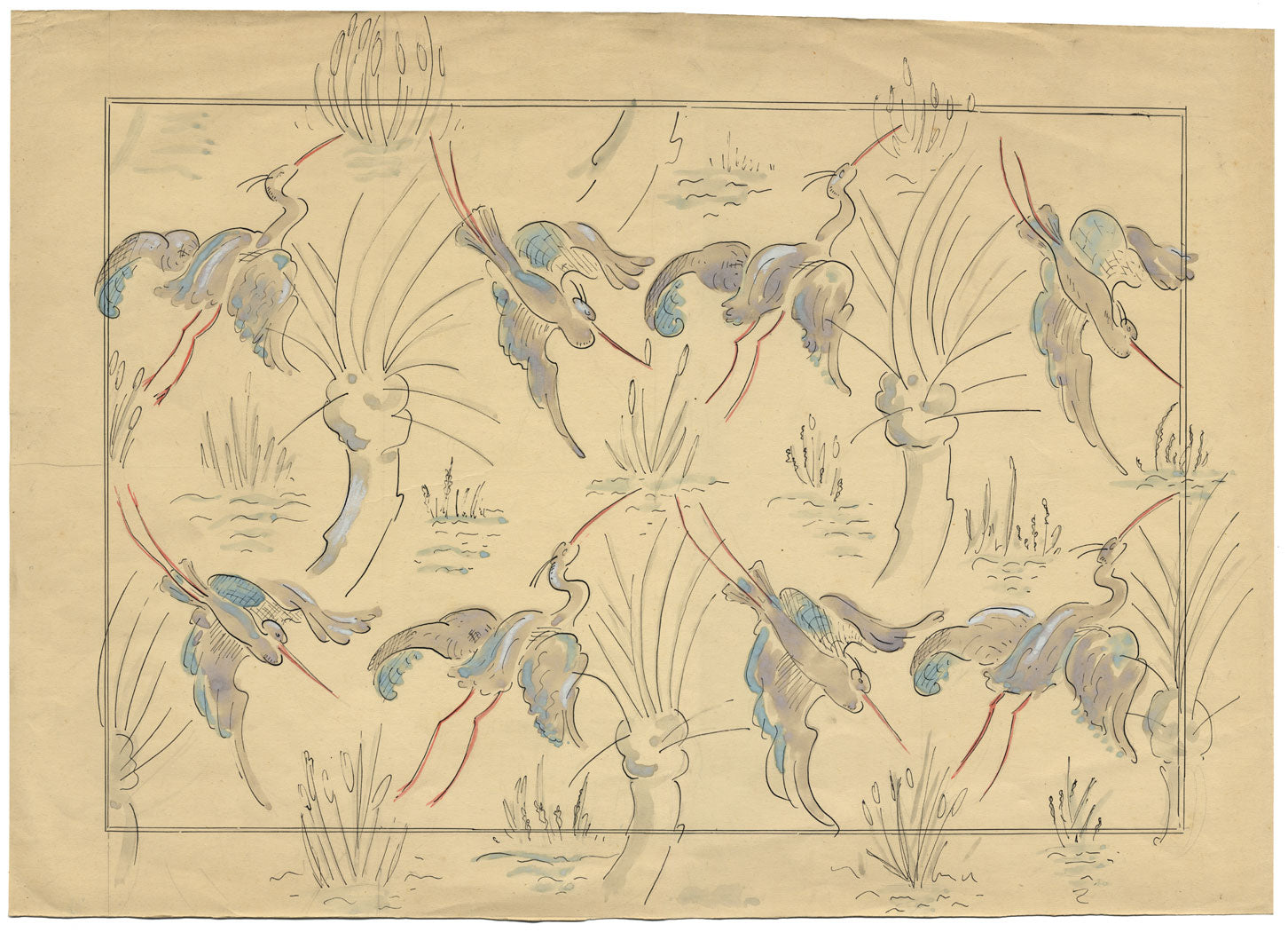 Jean Mary Ogilvie, Large Art Deco Stork Pattern Design – 1930s gouache painting