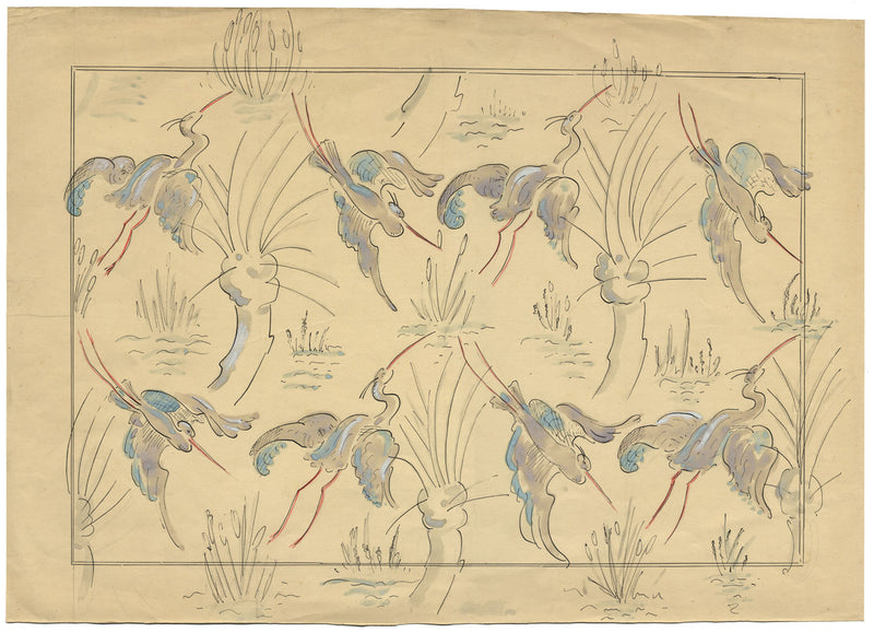 Jean Mary Ogilvie, Large Art Deco Stork Pattern Design – 1930s gouache painting