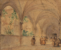 L.H., Monks in the Cloisters – Original early 19th-century watercolour painting