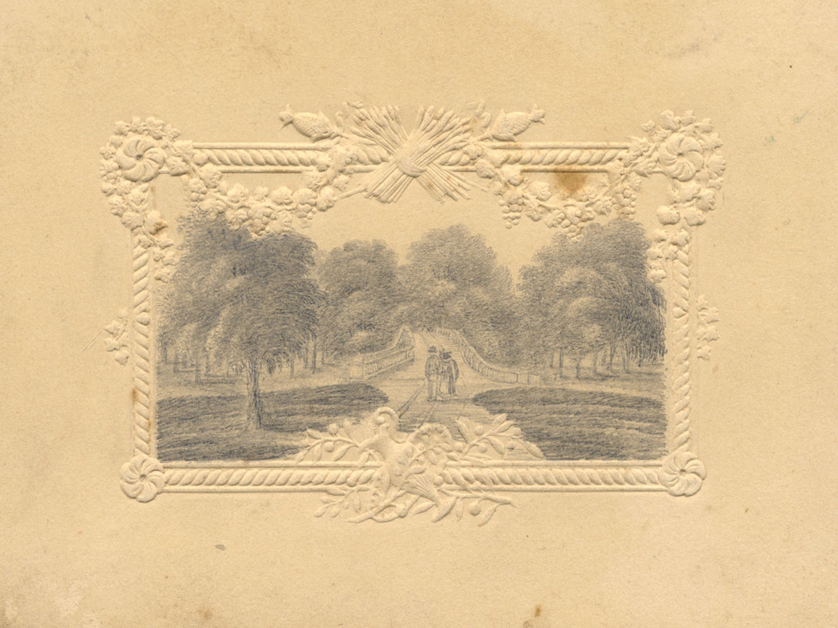 Figures by Bridge in Parkland – Original early 19th-century graphite drawing