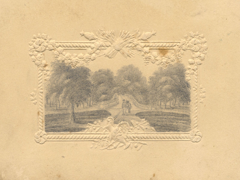 Figures by Bridge in Parkland – Original early 19th-century graphite drawing