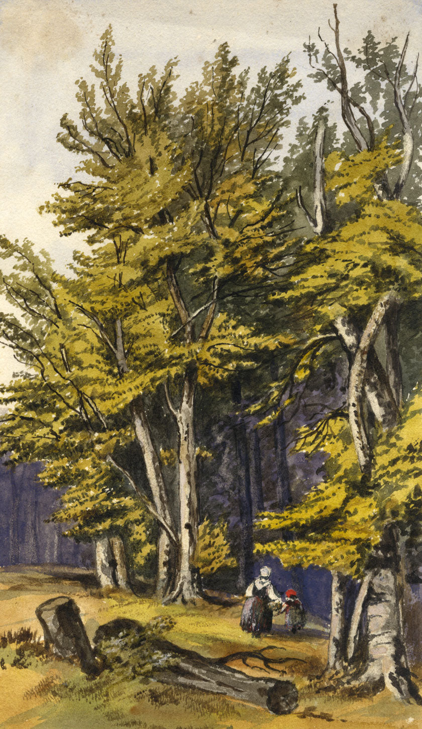 Mother & Child in Woodland – Original mid-19th-century watercolour painting