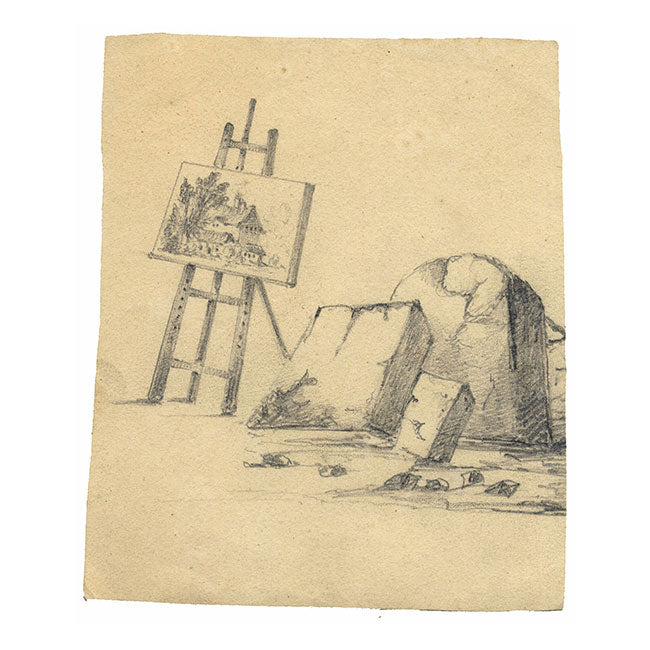 Caballete de artista al aire libre: dibujo original en grafito de principios del siglo XIX