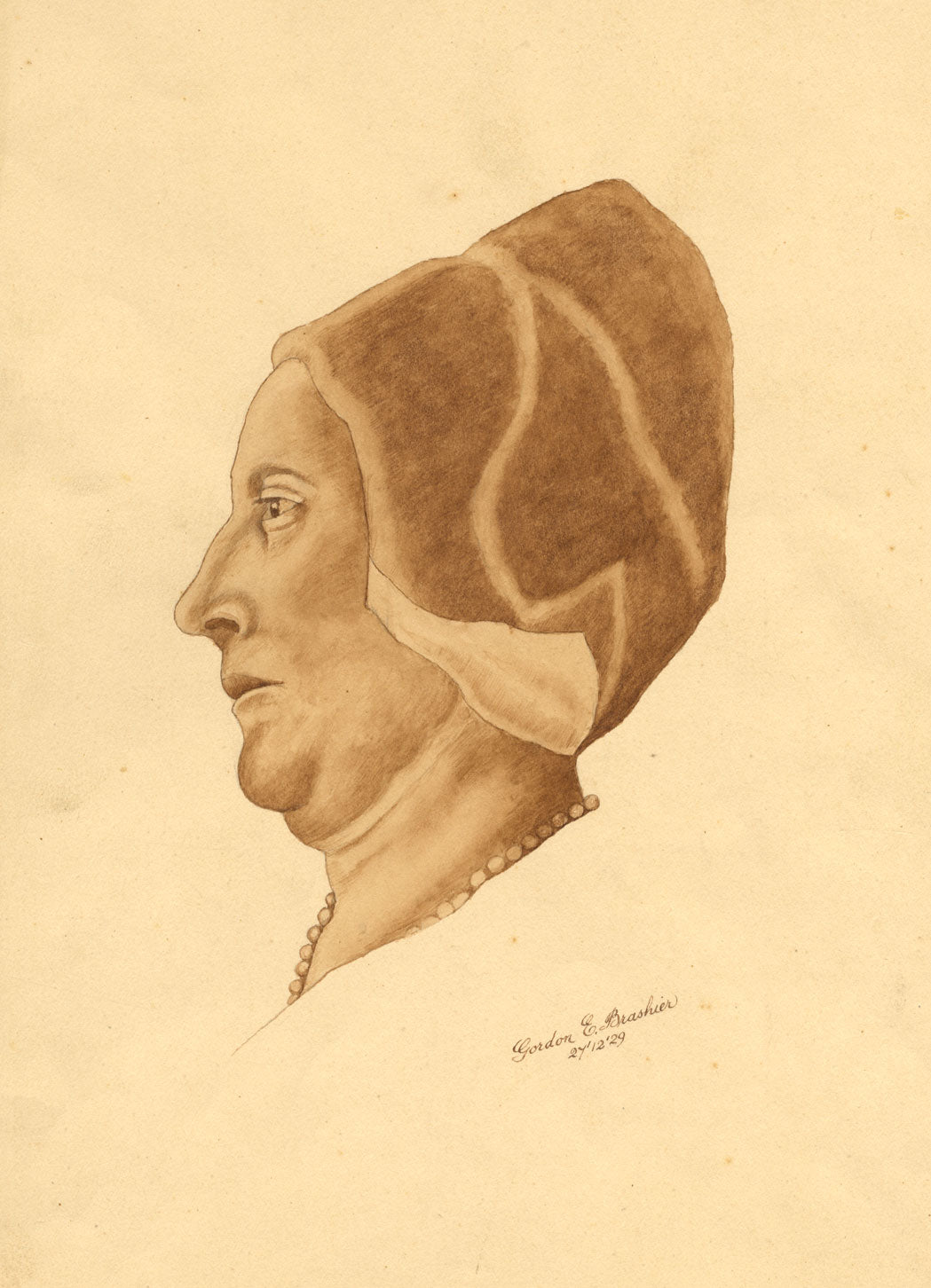 Gordon E. Brashier, Head Portrait of Woman in Dutch Bonnet – 1929 watercolour
