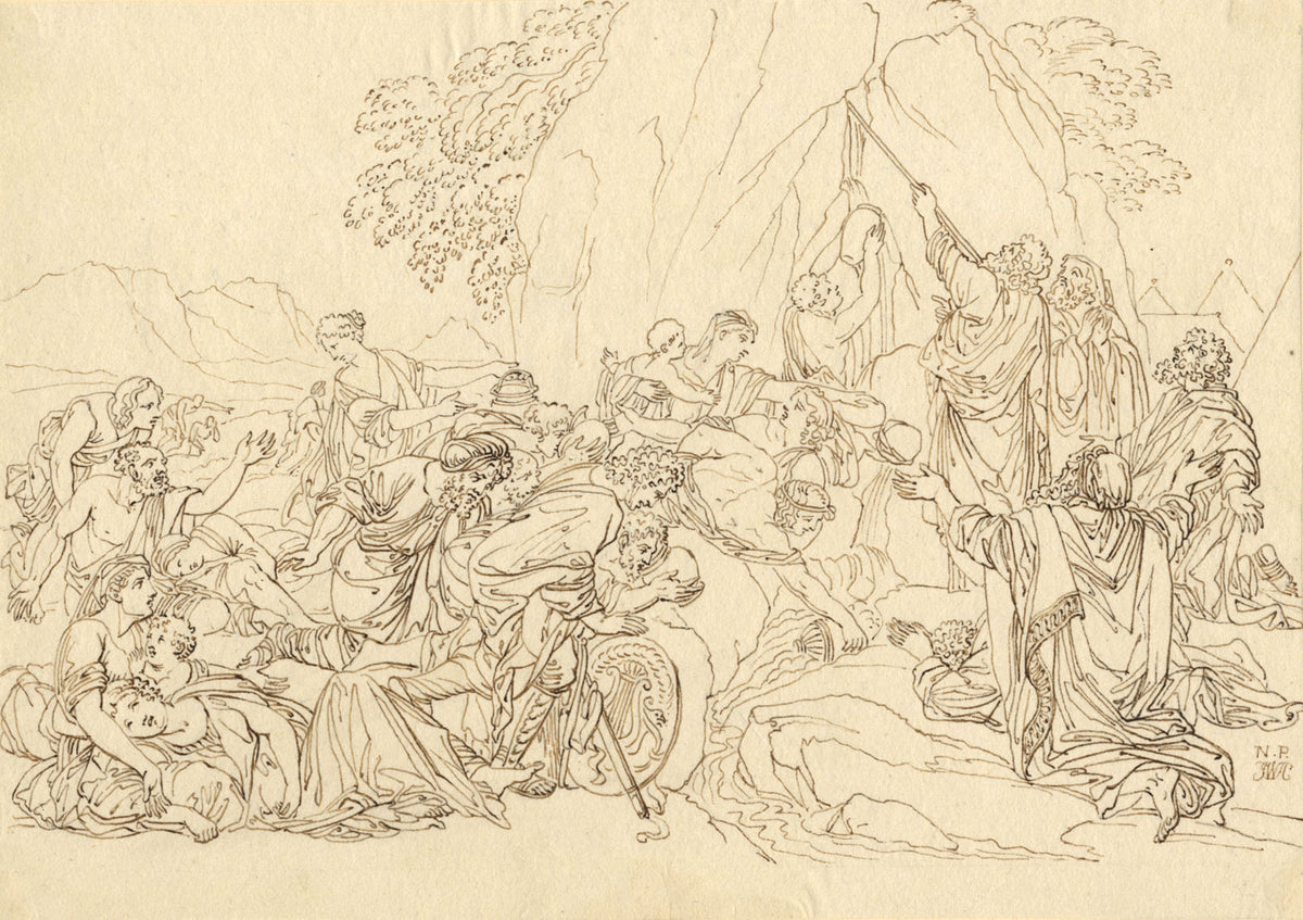 John White Abbott, Moses Striking the Rock after Poussin – c.1805 ink drawing