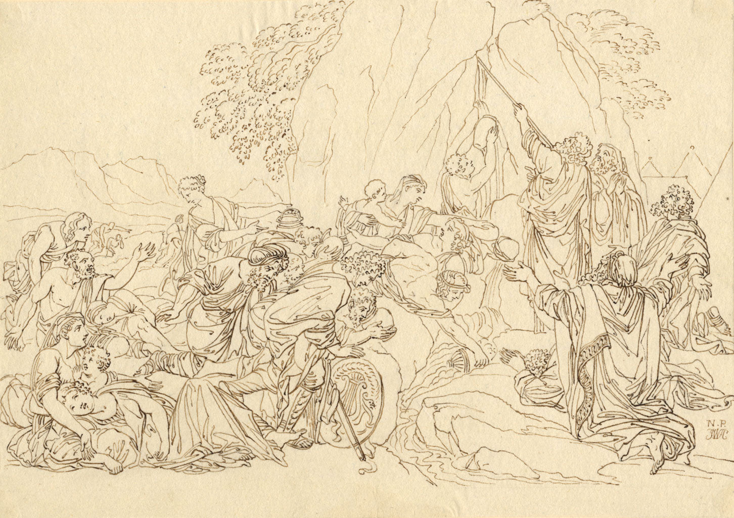 John White Abbott, Moses Striking the Rock after Poussin – c.1805 ink drawing