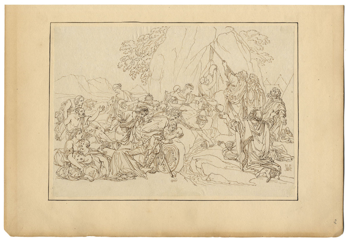John White Abbott, Moses Striking the Rock after Poussin – c.1805 ink drawing