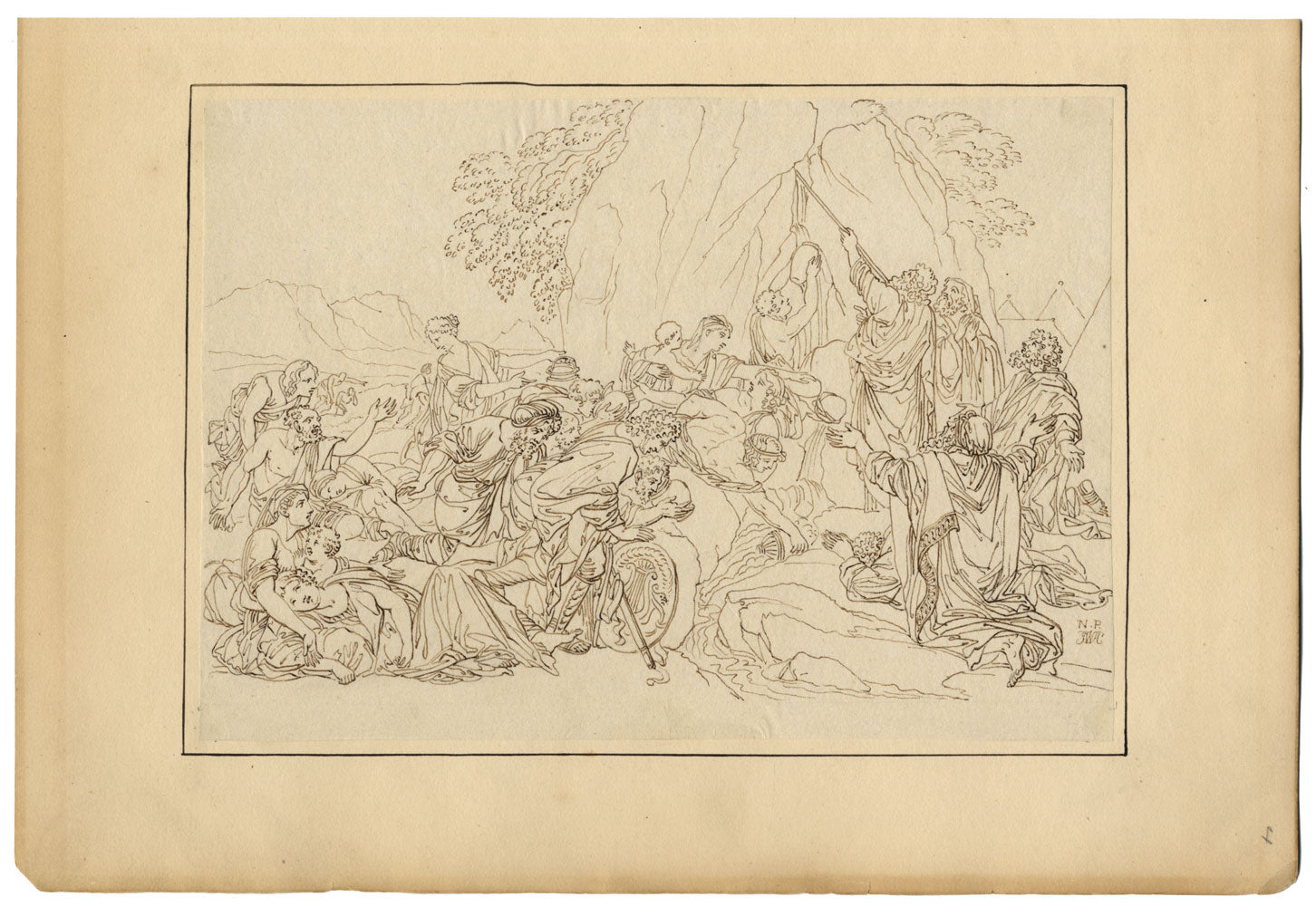 John White Abbott, Moses Striking the Rock after Poussin – c.1805 ink drawing
