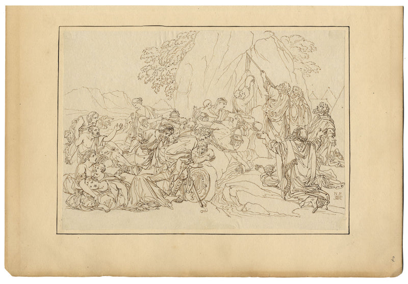 John White Abbott, Moses Striking the Rock after Poussin – c.1805 ink drawing