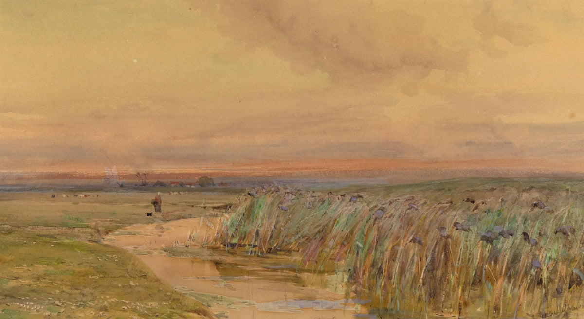 Claude Hayes RI ROI, Fen Landscape with Figure – late C19th watercolour painting