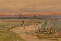 Claude Hayes RI ROI, Paesaggio di palude con figura – acquerello di fine XIX secolo