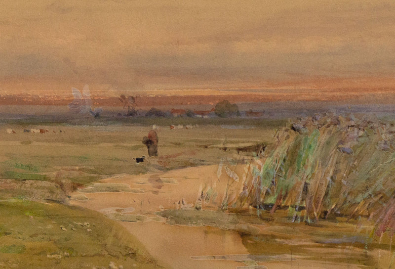 Claude Hayes RI ROI, Paesaggio di palude con figura – acquerello di fine XIX secolo