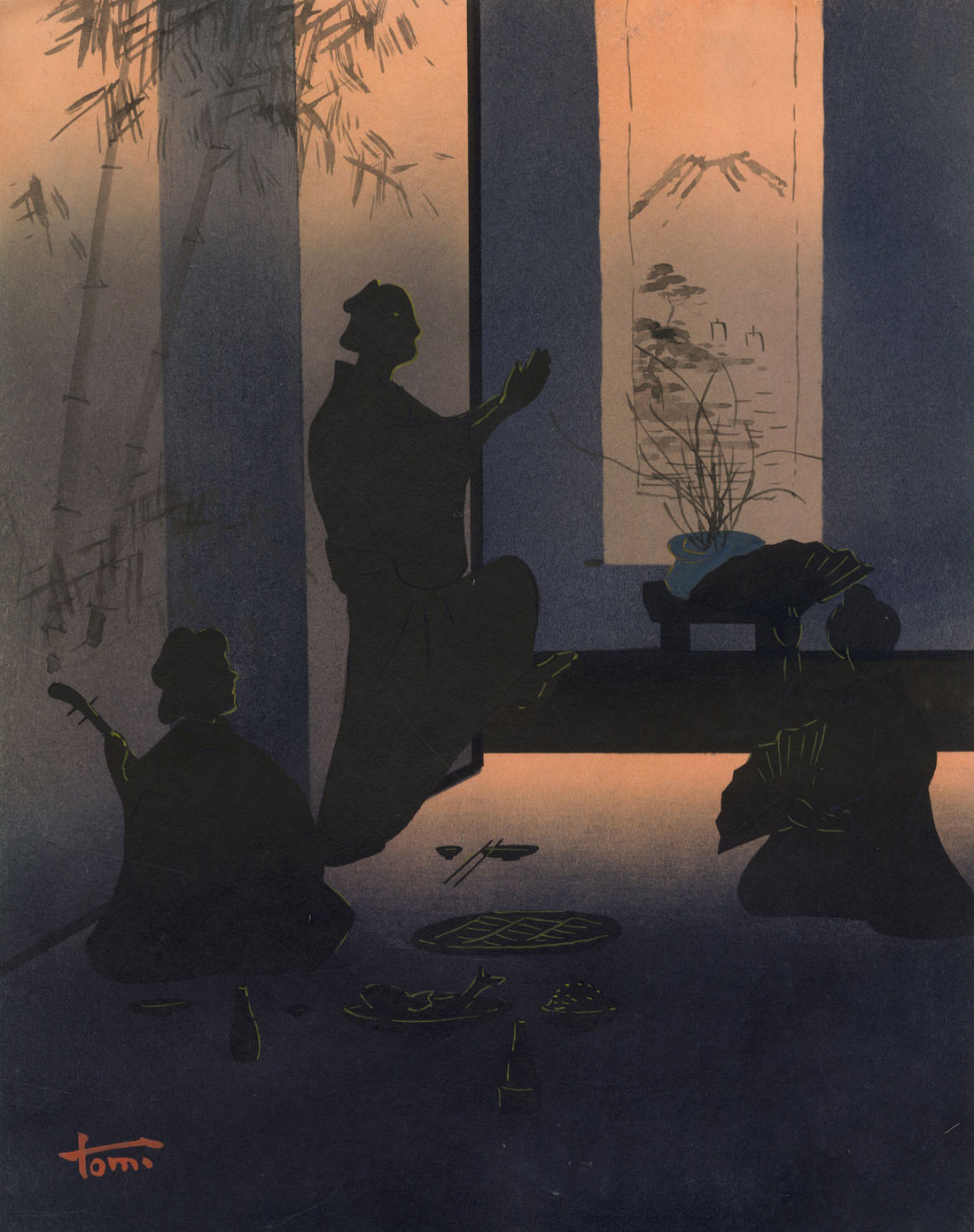 S. Tomi, Japanese Geisha Ozashiki – Original early 20th-century gouache painting