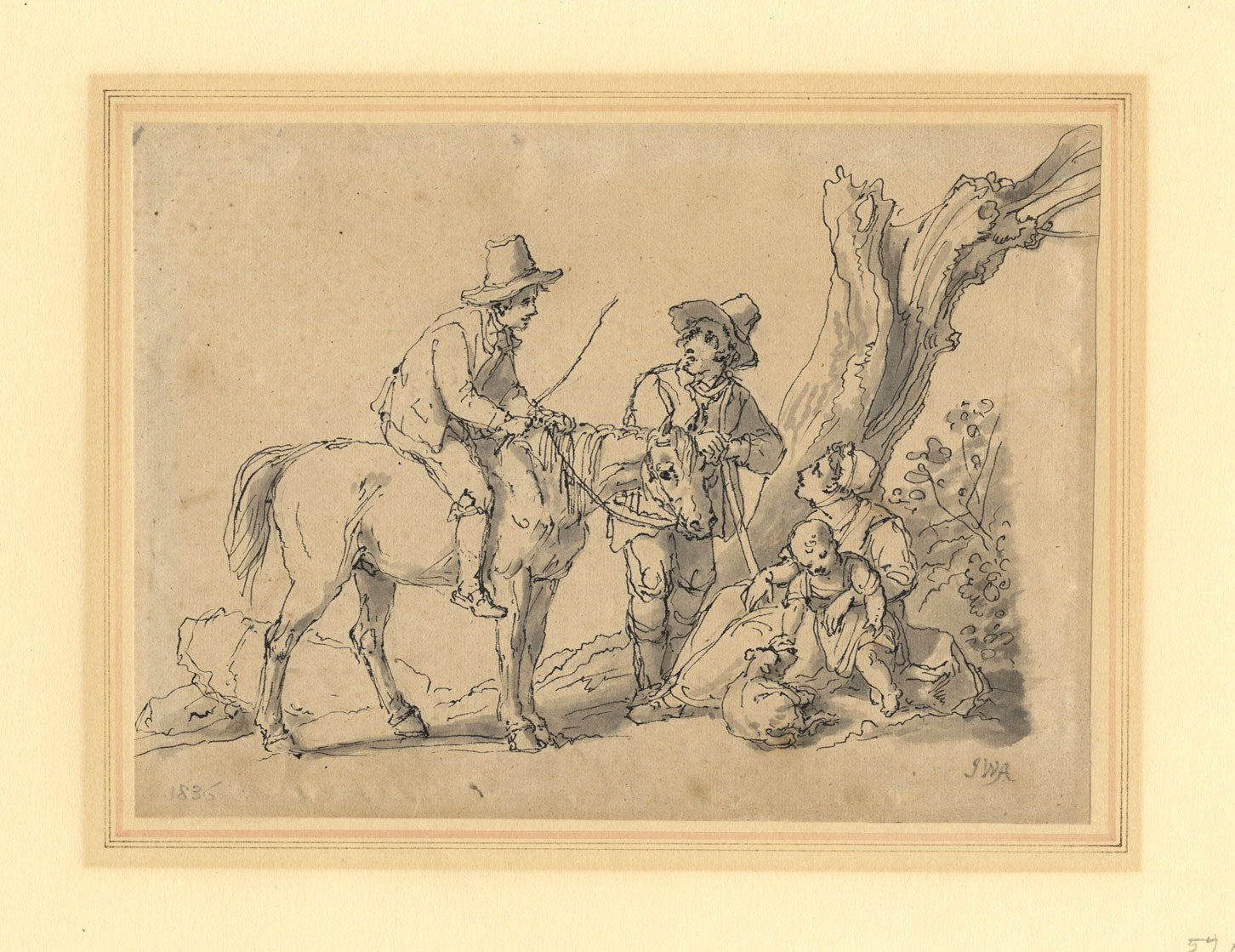 John White Abbott, Peasant Family & Rider by a Tree – 1836 ink & wash drawing