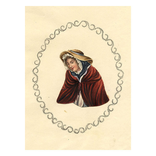 Portrait of a Woman in a Red Cloak – Original c.1830 watercolour painting