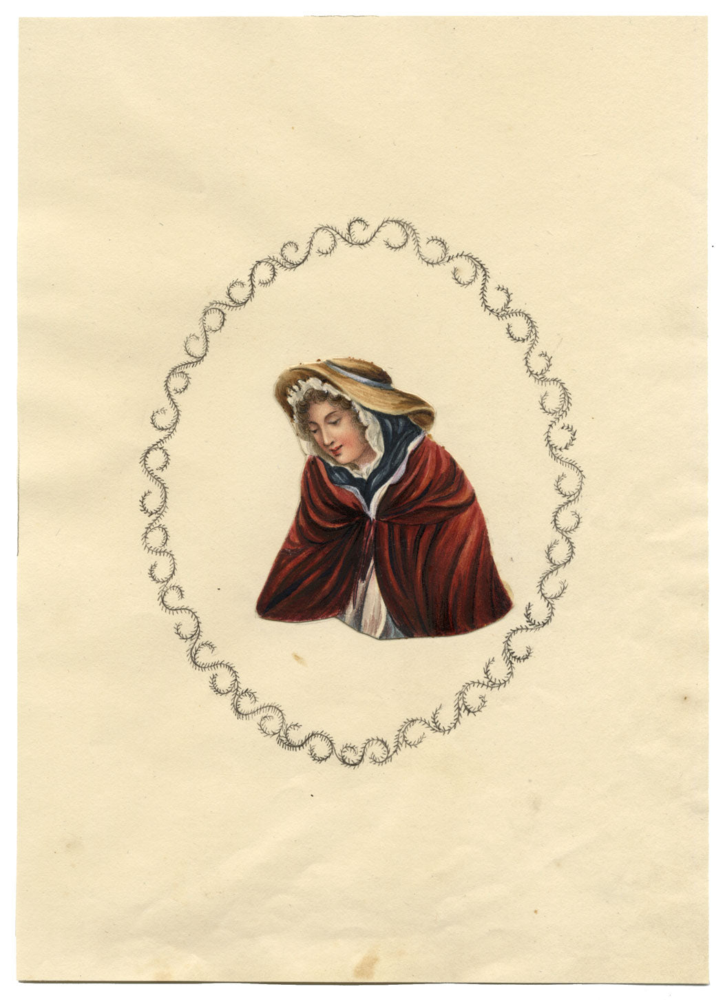 Ritratto di donna con mantello rosso – Dipinto originale ad acquerello del 1830 circa