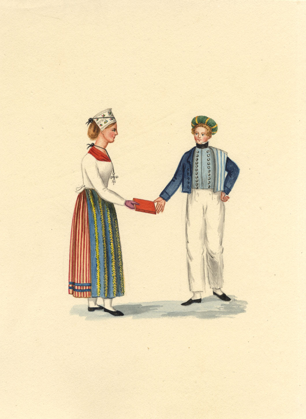 Traditional Costume: Swiss Girl & Boy – early 19th-century watercolour painting