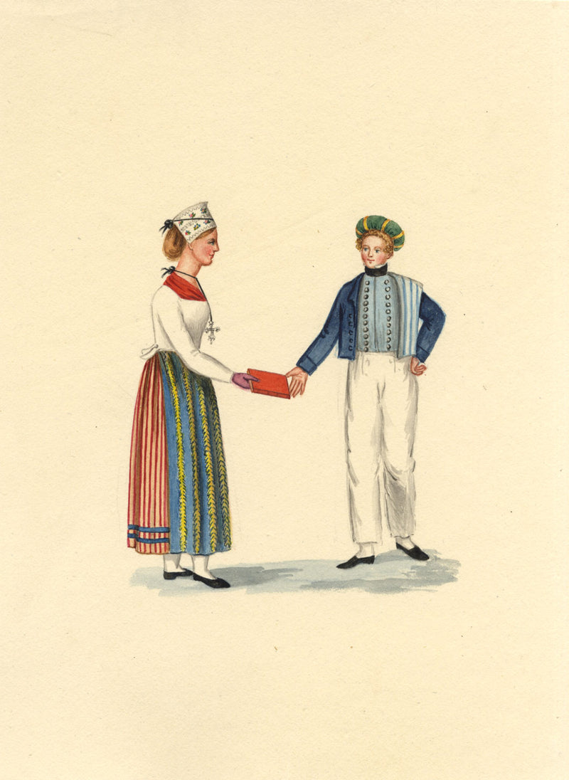 Traditional Costume: Swiss Girl & Boy – early 19th-century watercolour painting