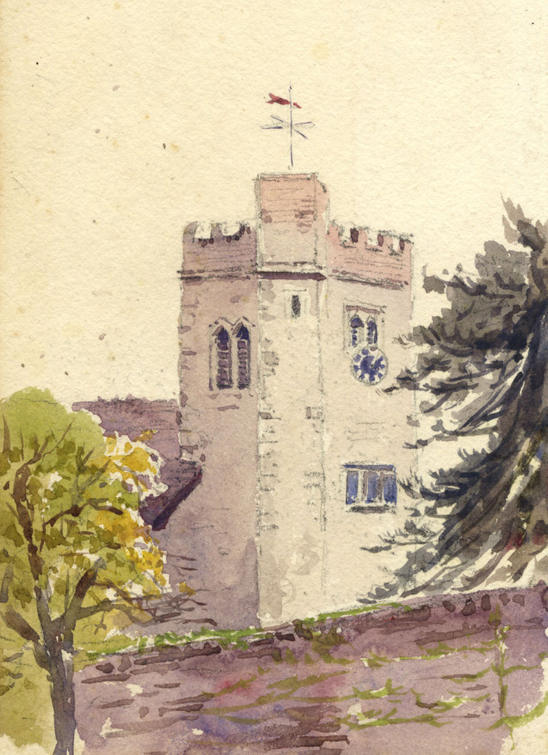 Church with Red Fish Weathervane – Original 1904 watercolour painting