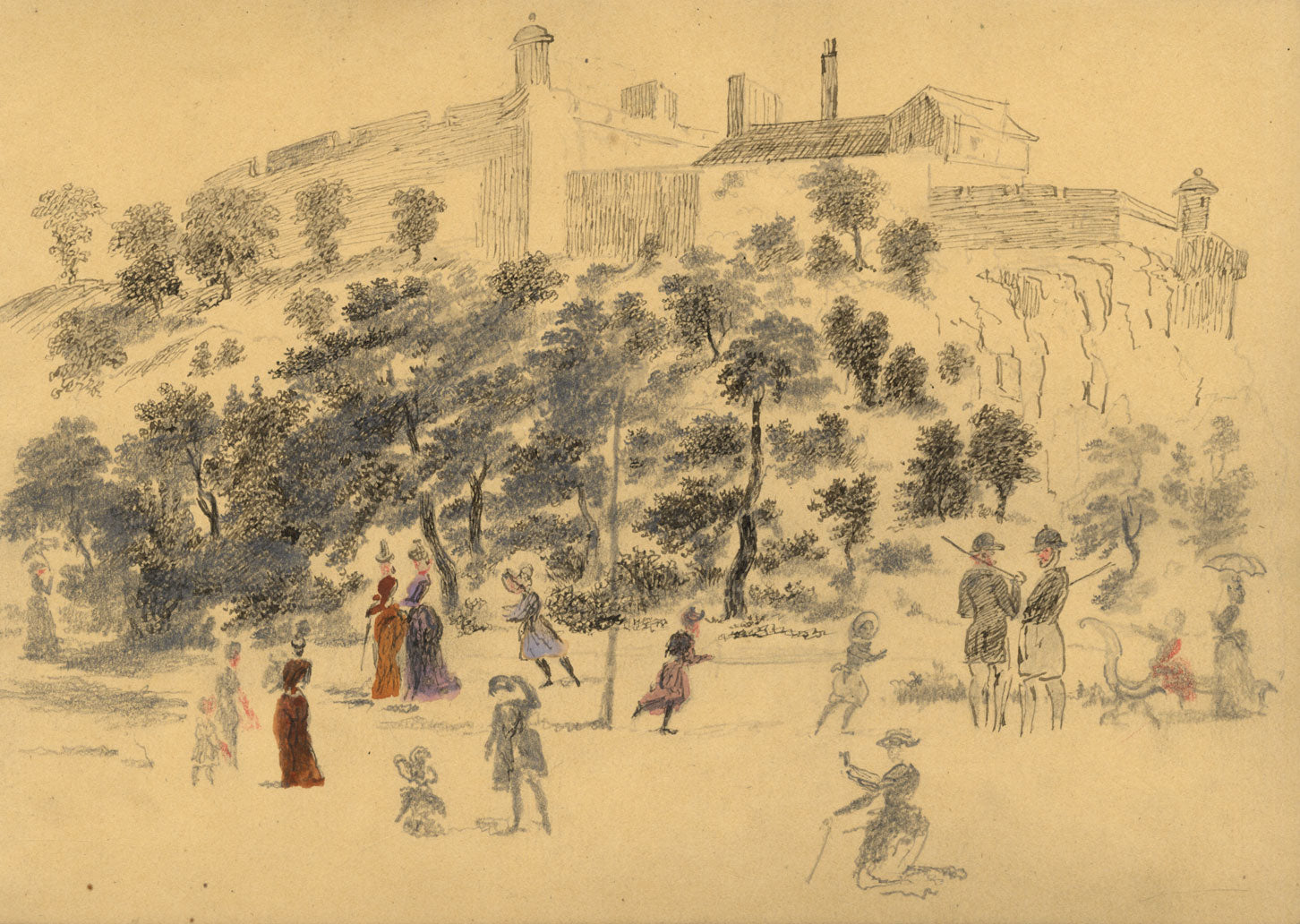 Alexander Hunter, Figures in Princes St Gardens, Edinburgh – 1888 ink drawing