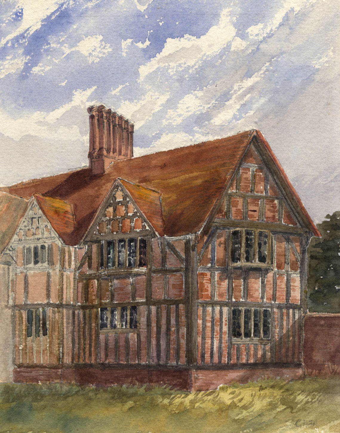 C.H.F., Half-timbered Red Brick House, Surrey – late 19th-century watercolour