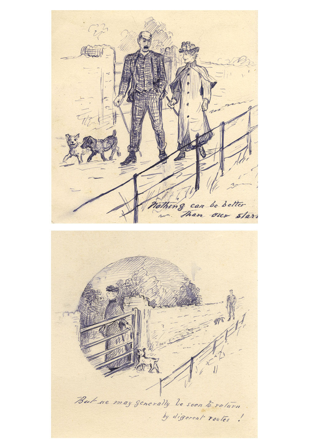 C.M. Moffatt, A Couple Dog Walking Humorous Cartoon – Pair of 1889 ink drawings