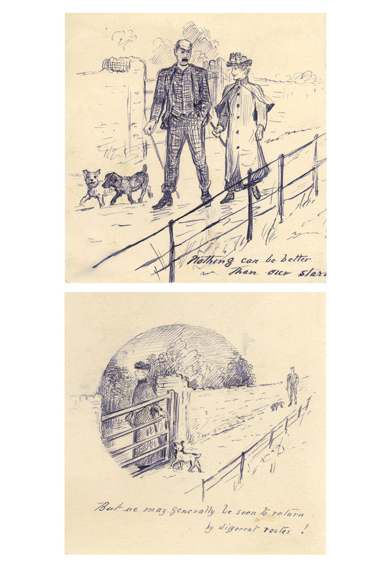 C.M. Moffatt, A Couple Dog Walking Humorous Cartoon – Pair of 1889 ink drawings