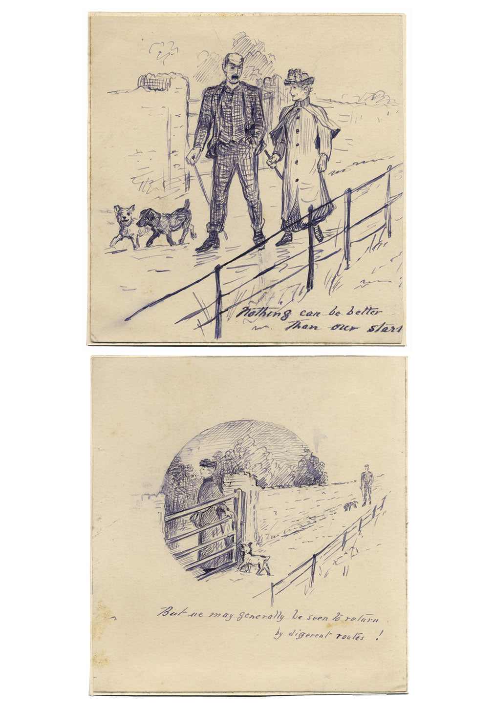 C.M. Moffatt, A Couple Dog Walking Humorous Cartoon – Pair of 1889 ink drawings