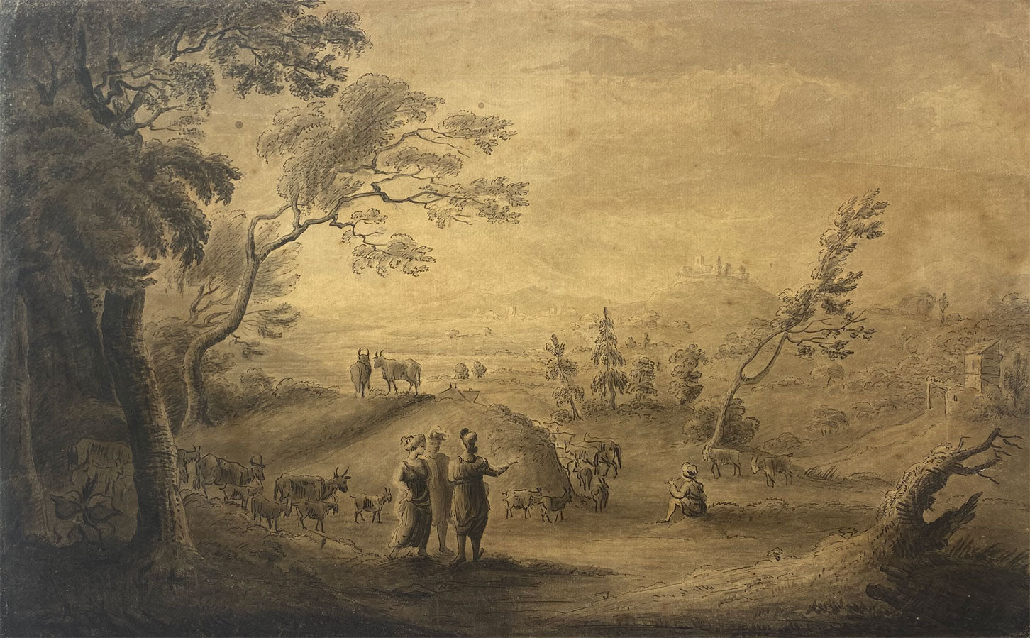 Follower of Claude Lorrain, Landscape with Goats–18th-century ink & wash drawing