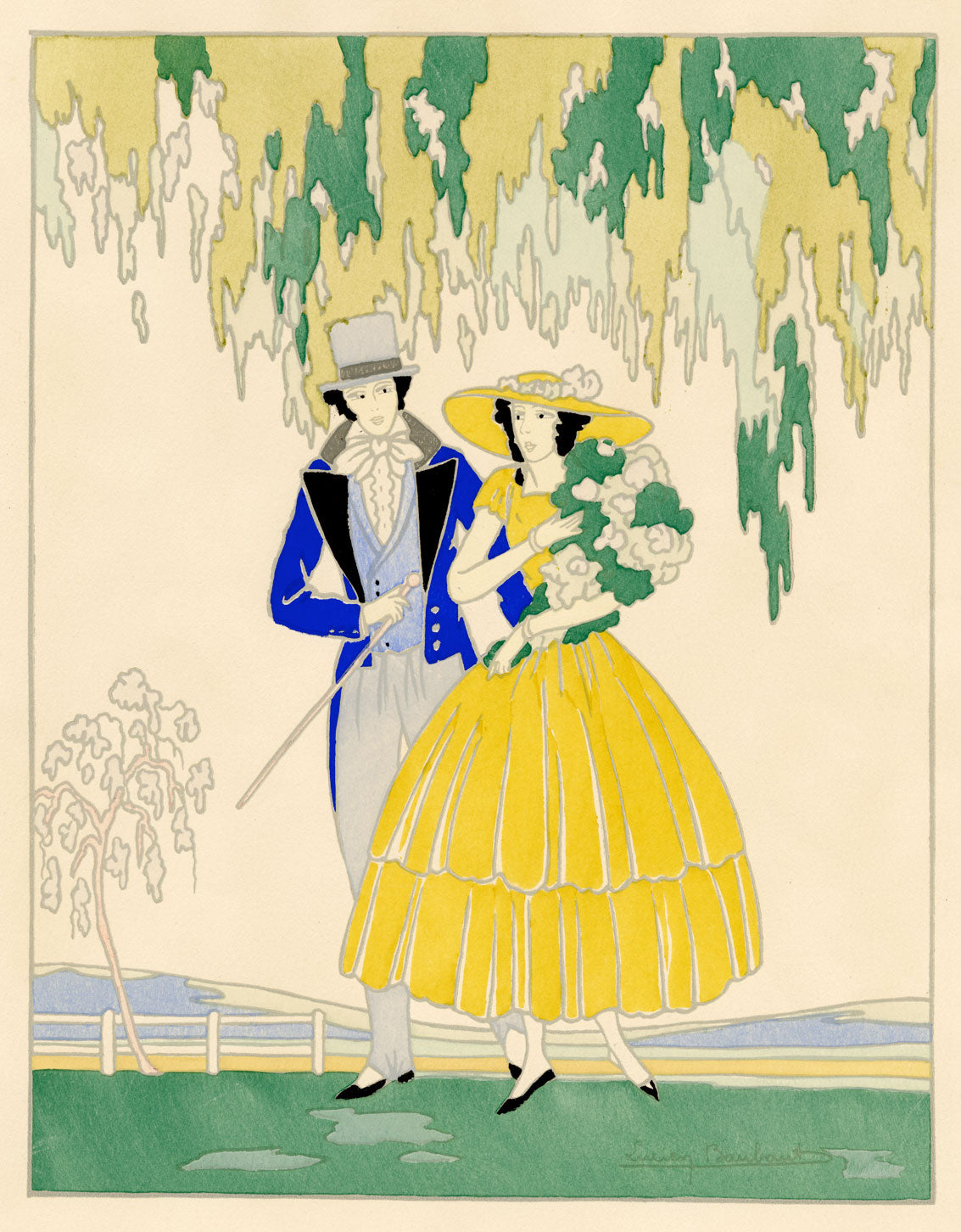 Lucien Baubaut, Spring: The Four Seasons – Original 1920s gouache pochoir