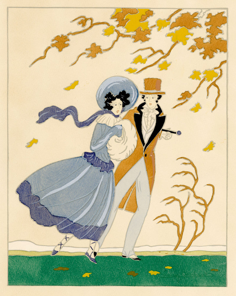 Lucien Baubaut, Autumn: The Four Seasons – Original 1920s gouache pochoir
